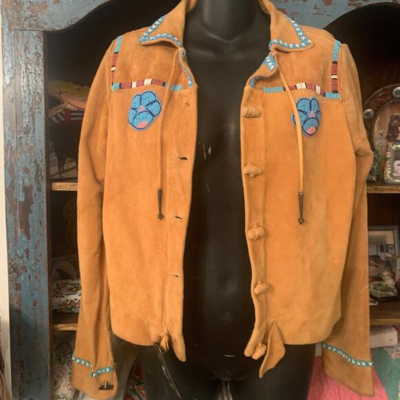 VTG BEADED DEERSKIN LEATHER JACKET W/ SILVER & TURQUOISE BUCKLE, CUFFLINKS - Picture 1 of 10